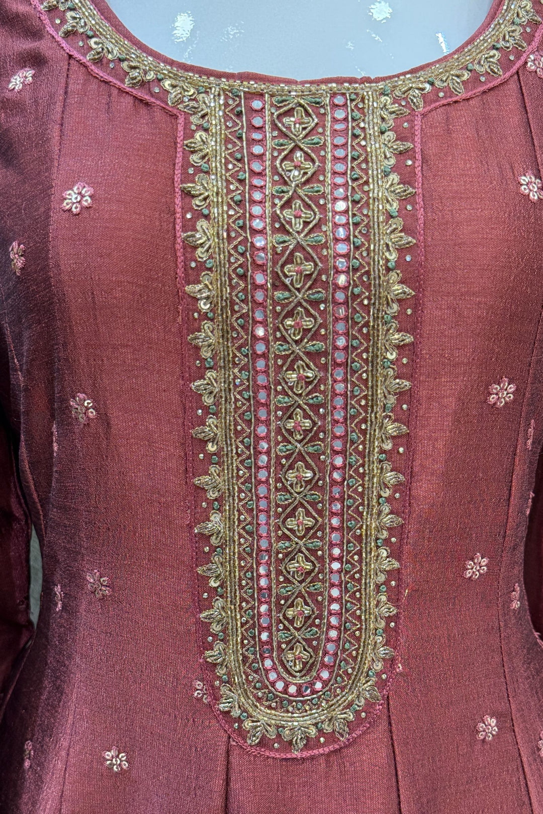 Woodrose Pink Beads, Zardozi, Thread, Sequins, Stone and Zari work A-line Cut Salwar Suit