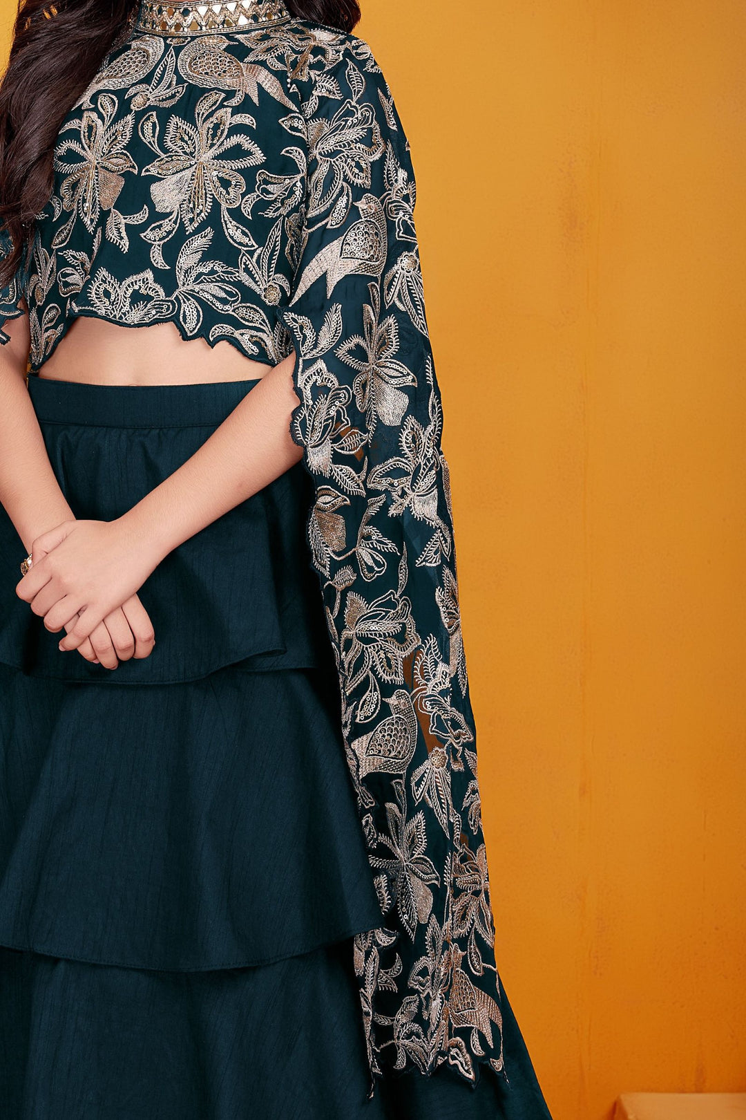 Peacock Blue Zari, Sequins, Beads, Mirror and Stone work Lehenga Choli for Girls