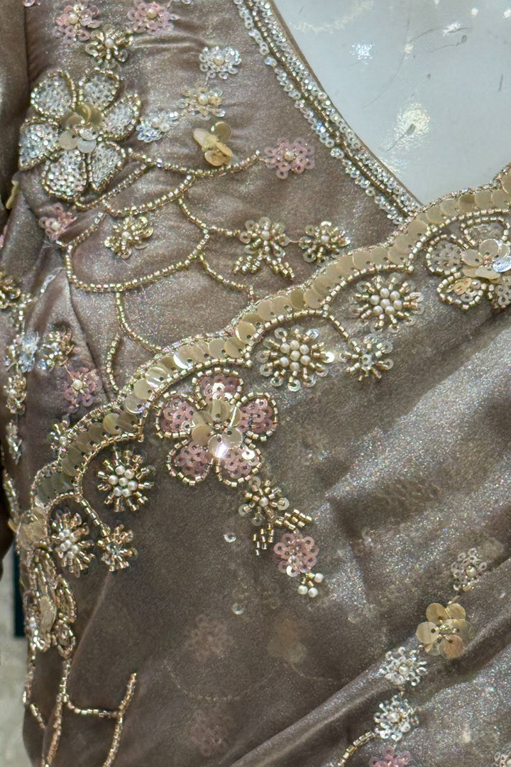 Copper Sequins, Beads, Zari and Pearls work Saree