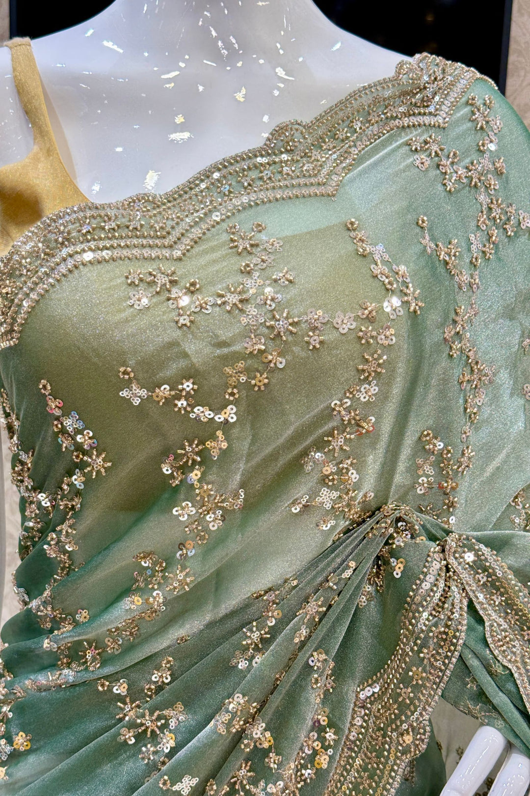 Mint Green Saree with Intricate Zari, Sequin and Beads work