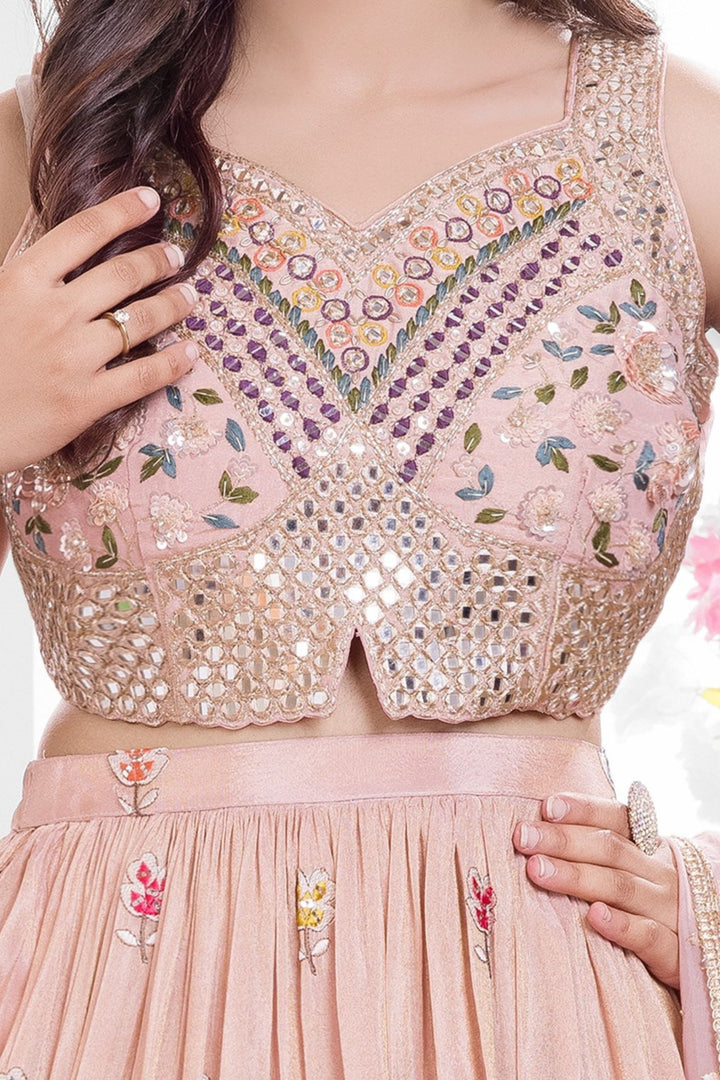 Peach Mirror, Zari, Sequins, Beads and Zardozi work Lehenga Choli for Girls