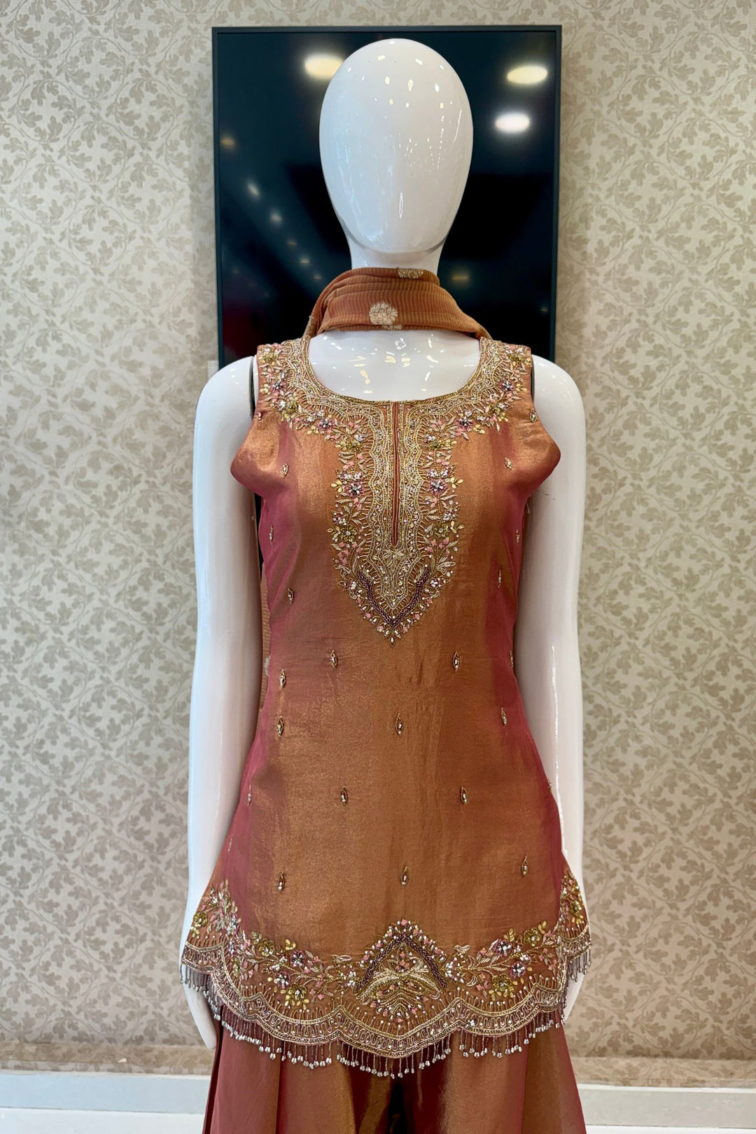 Orange Palazzo Salwar Suit with Zardozi, Mirror and Beads Detailing