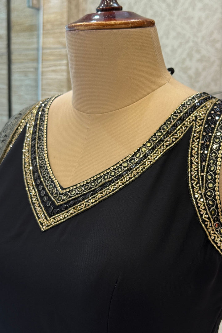 Black Beads and Sequins work Anarkali Gown with Traditional Banaras work Dupatta