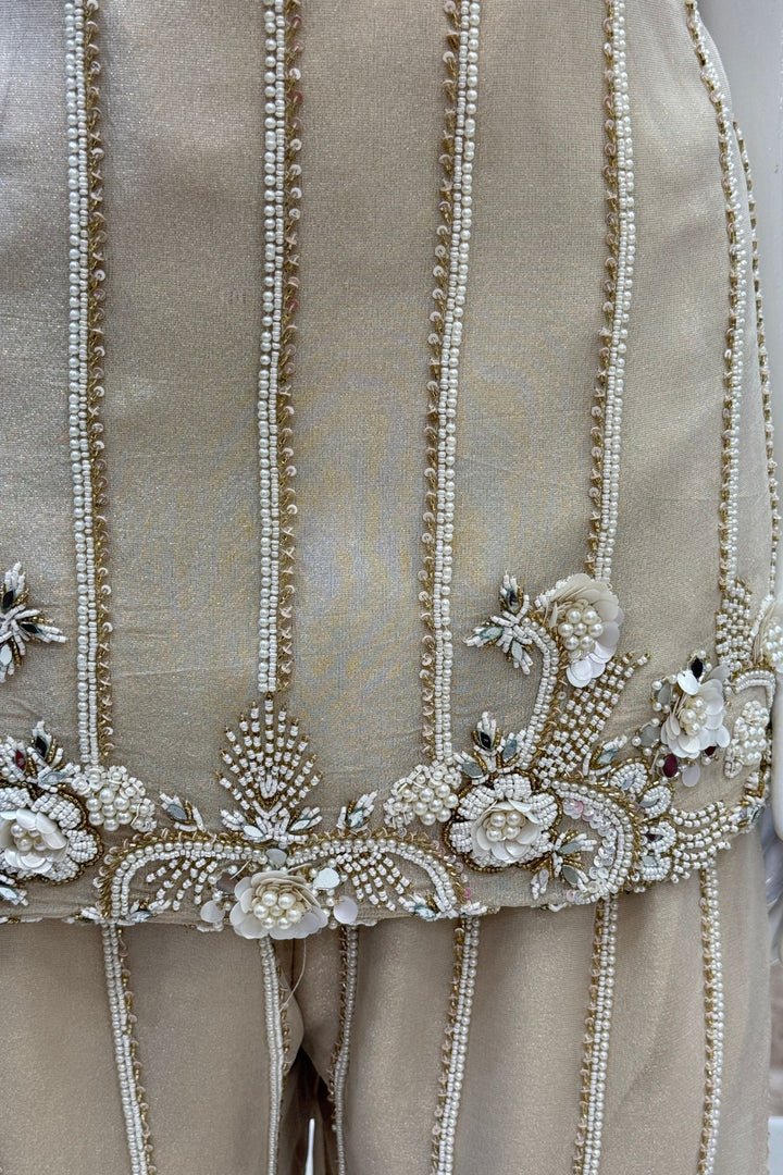 Beige Pearl, Sequins, Beads and Mirror work Top with Flared Palazzo Set
