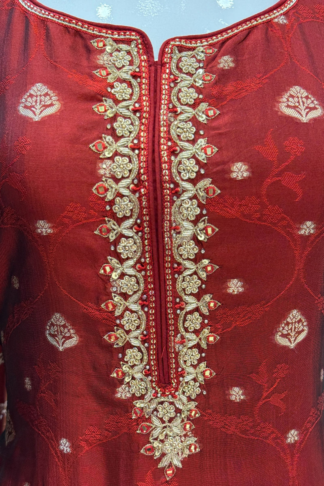 Maroon Zardozi, Sequins, Mirror, Stone, Brocade and Banaras work Straight Cut Salwar Suit
