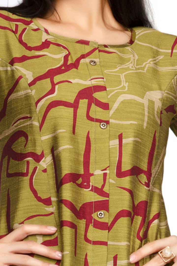 Mehendi Green Abstract Print A-Line Cut Calf Length Kurti
