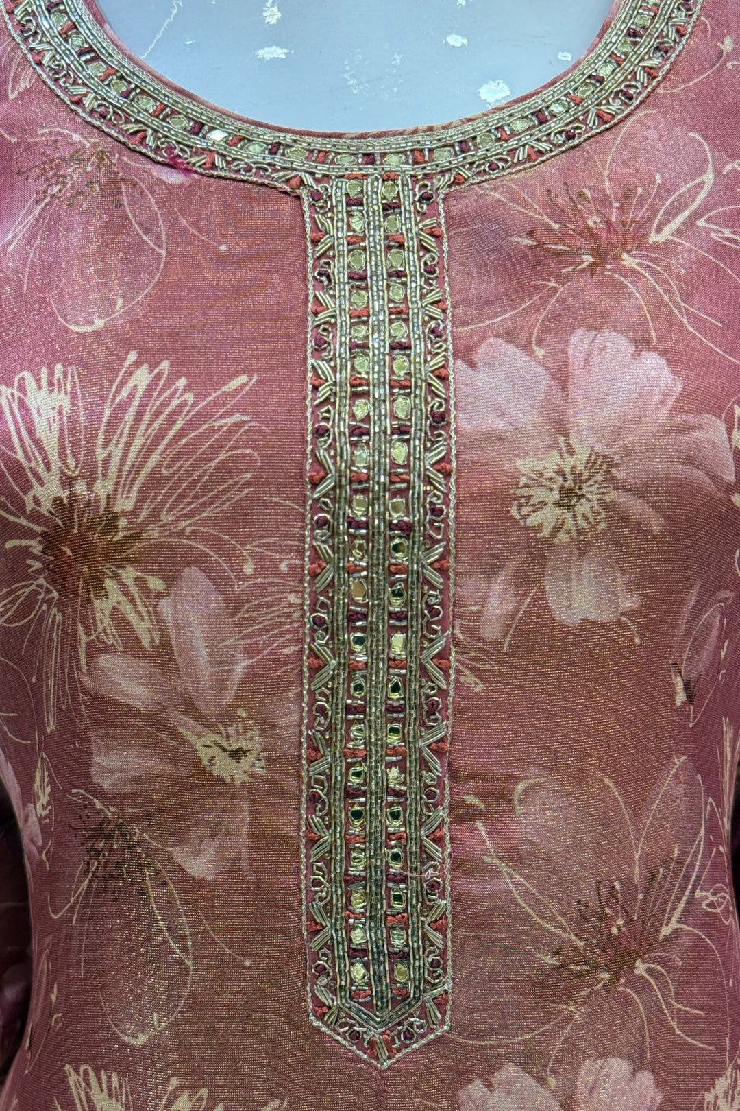 Gajri Pink Mirror, Zardozi and Banaras work with Floral Print Straight Cut Salwar Suit