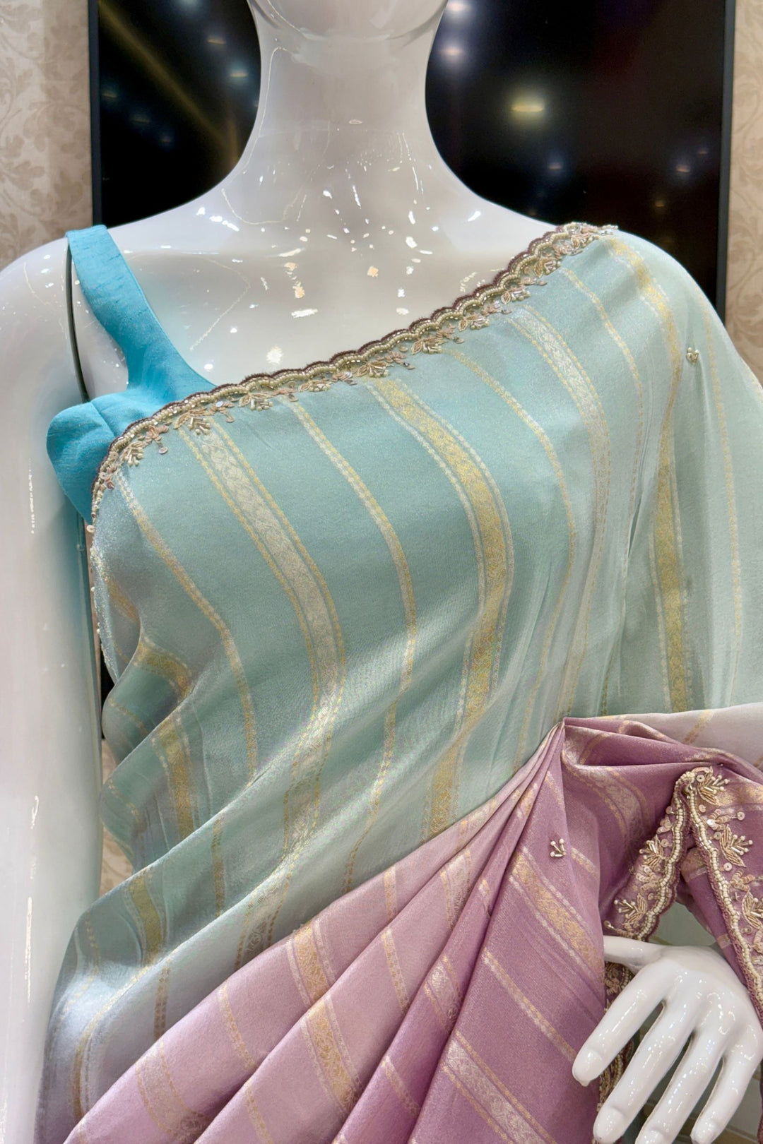Elegant Lavender and Blue Saree with Golden Zari Stripe Detailing
