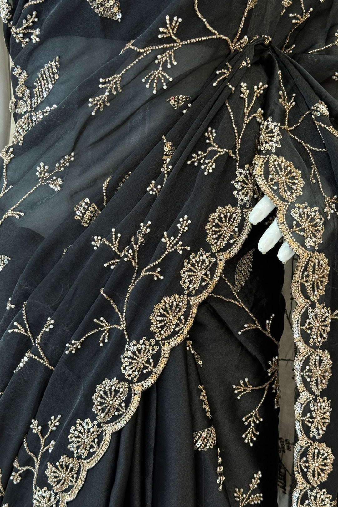 Black Saree with Beads, Zardozi, Zari and Pearl work