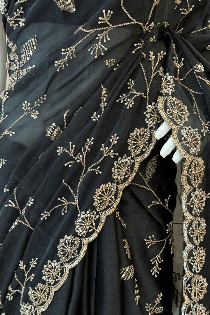 Black Saree with Beads, Zardozi, Zari and Pearl work