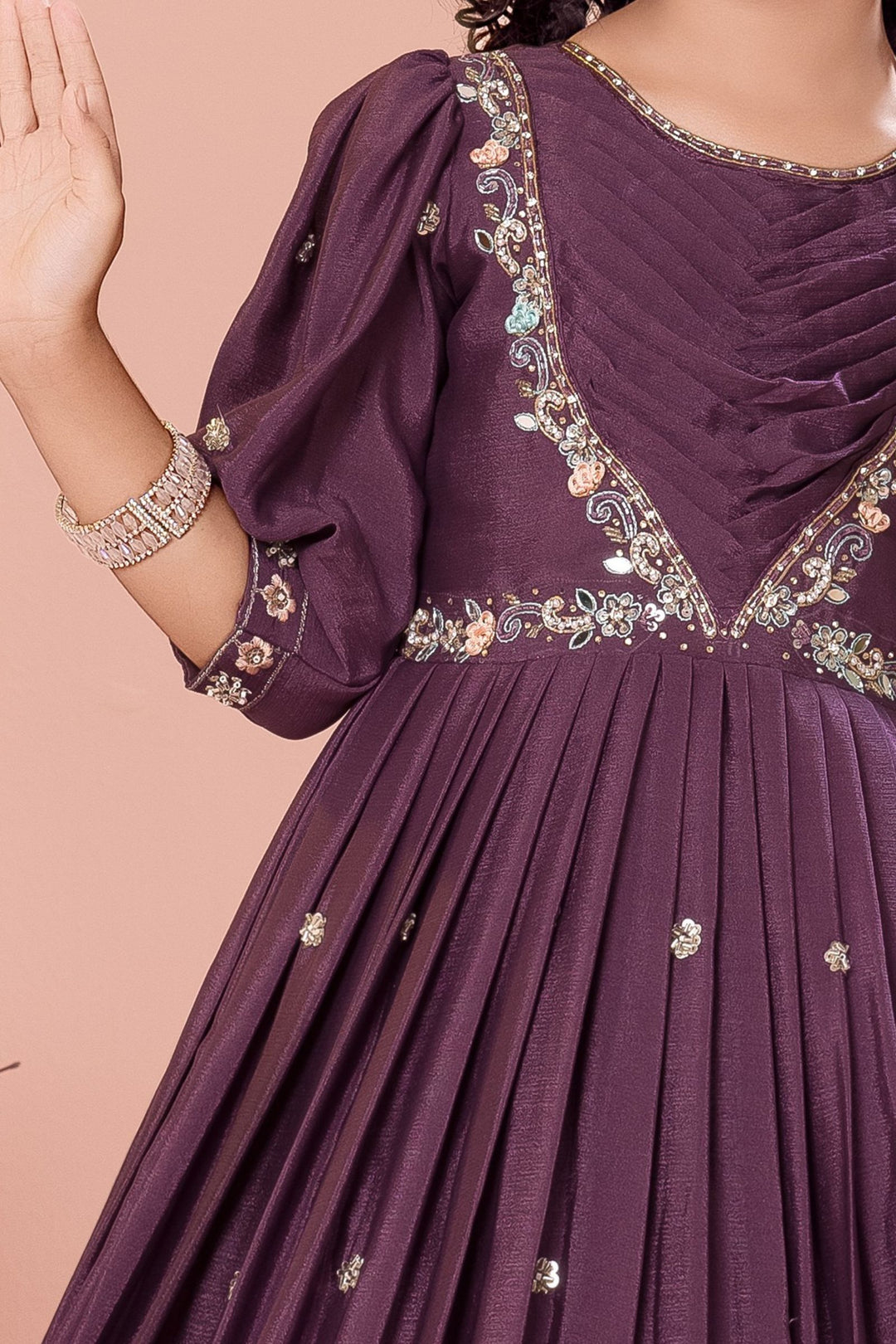 Purple Beads, Sequins, Zari, Mirror and Multicolor Thread work Long Party Gown for Girls