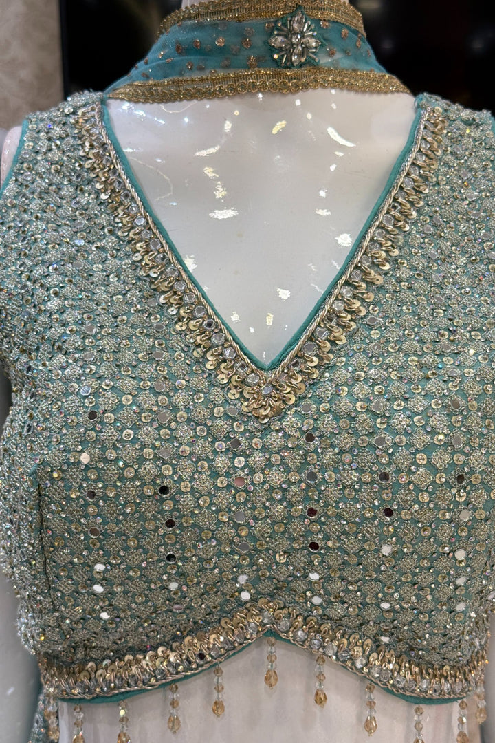 Sea Green with Peacock Green Sequins and Beads work Crop Top with Palazzo Pant