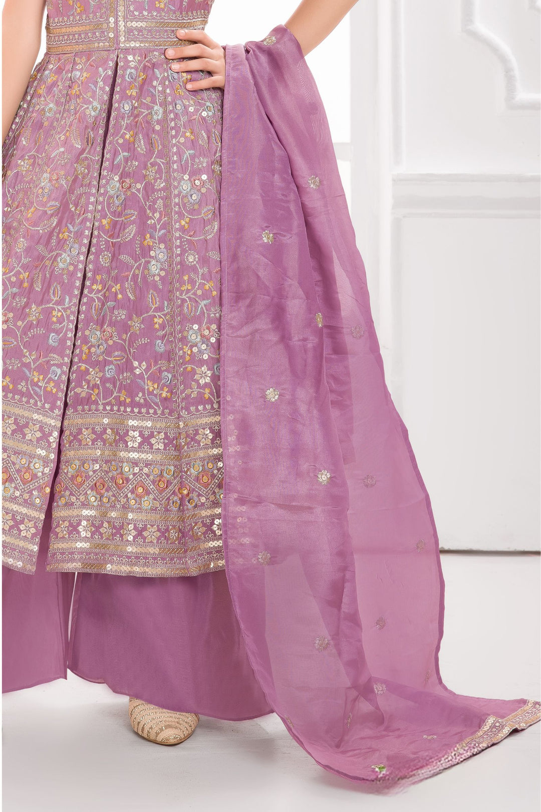 Light Lavender Multicolor Thread, Zari and Sequins work Palazzo Suit Set for Girls