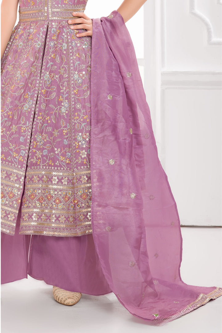 Light Lavender Multicolor Thread, Zari and Sequins work Palazzo Suit Set for Girls