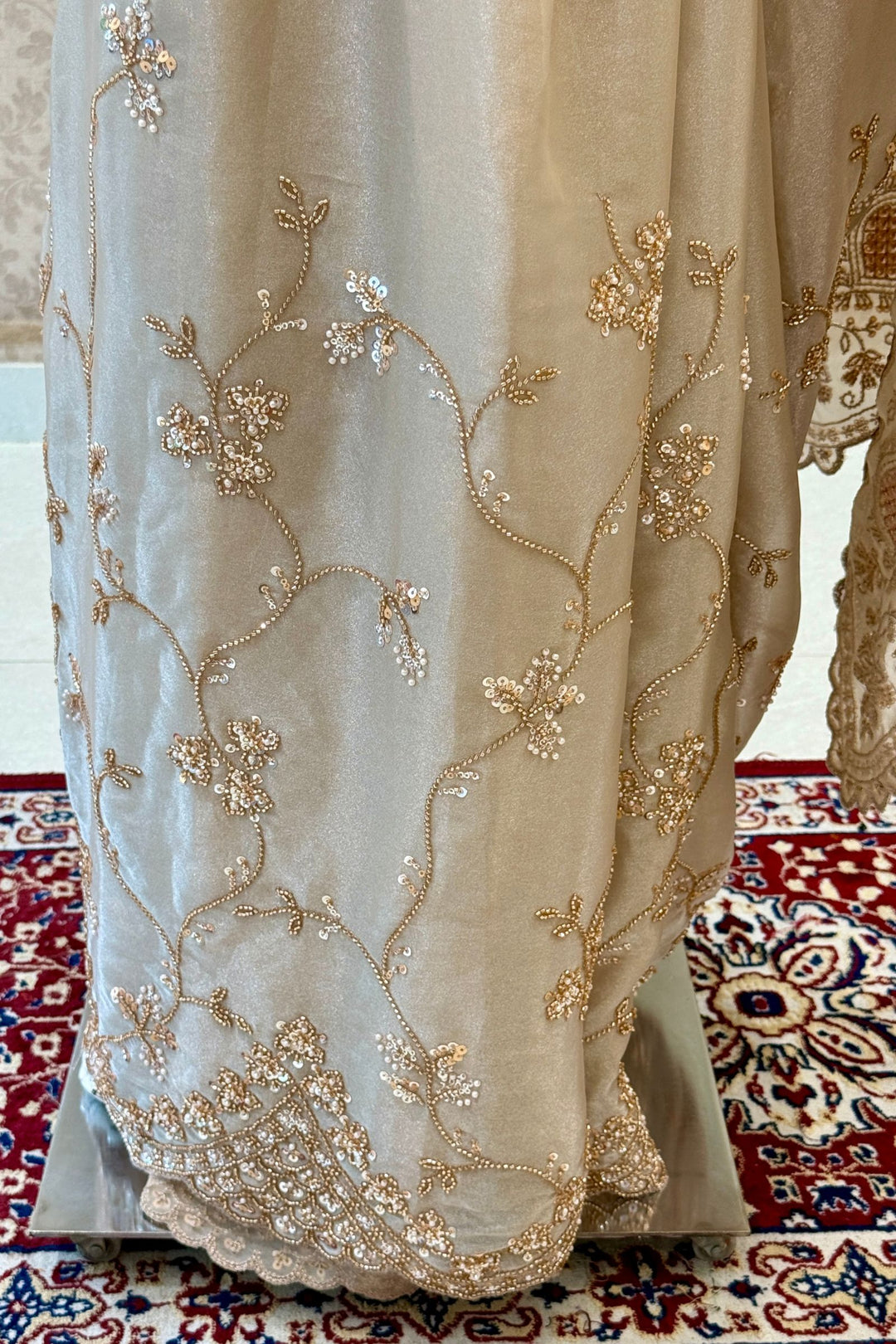 Chiku Saree with Intricate Sequin &amp; Beaded Embroidery and Scalloped Border