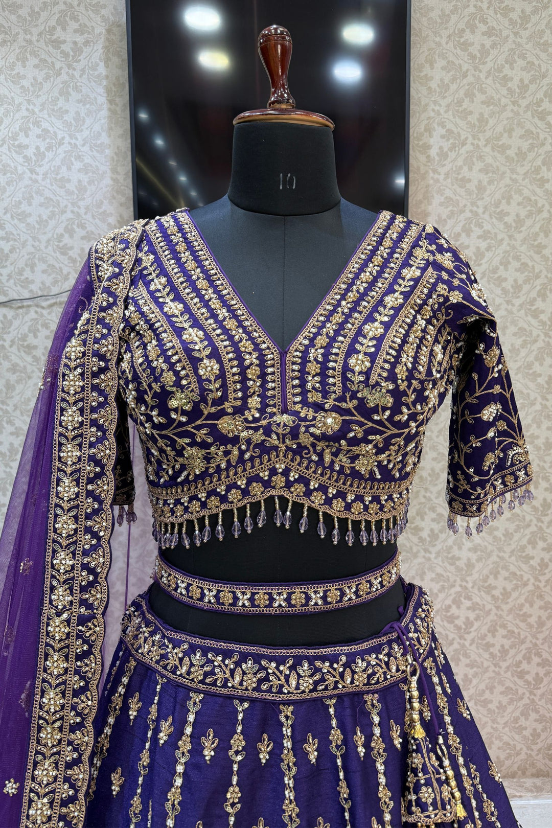 Purple Beads, Zari, Zardozi and Sequins work Crop Top Designer Bridal Lehenga with Belt