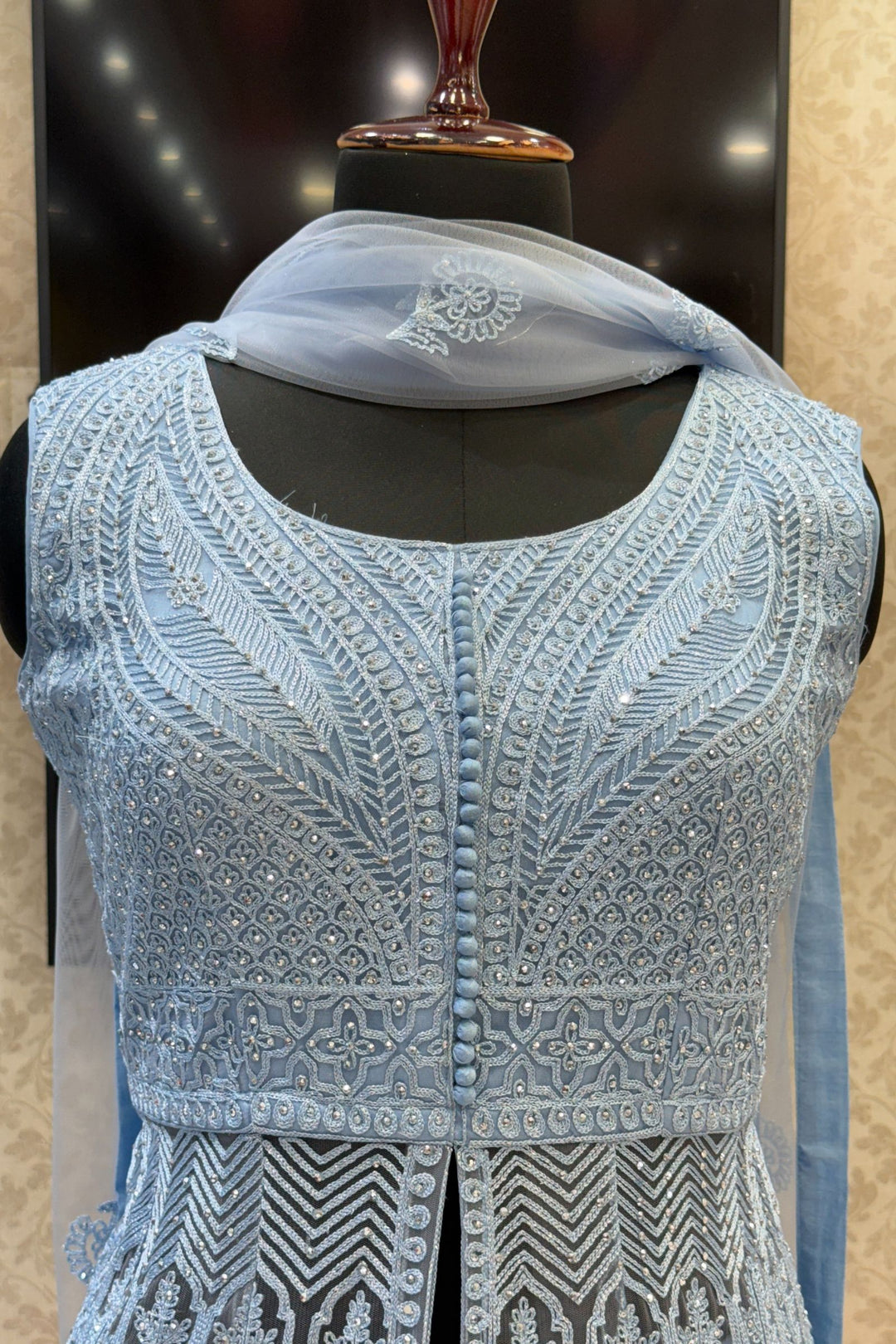 Sea Blue Zari Thread and Stone work Mastani Styled Long Top Lehenga