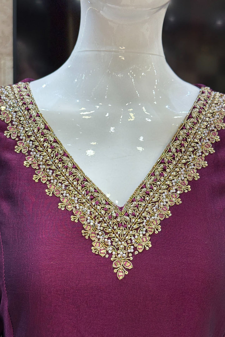 Wine Beads, Pearl, Zardozi, Stone, Zari and Sequins work Aline Cut Salwar Suit