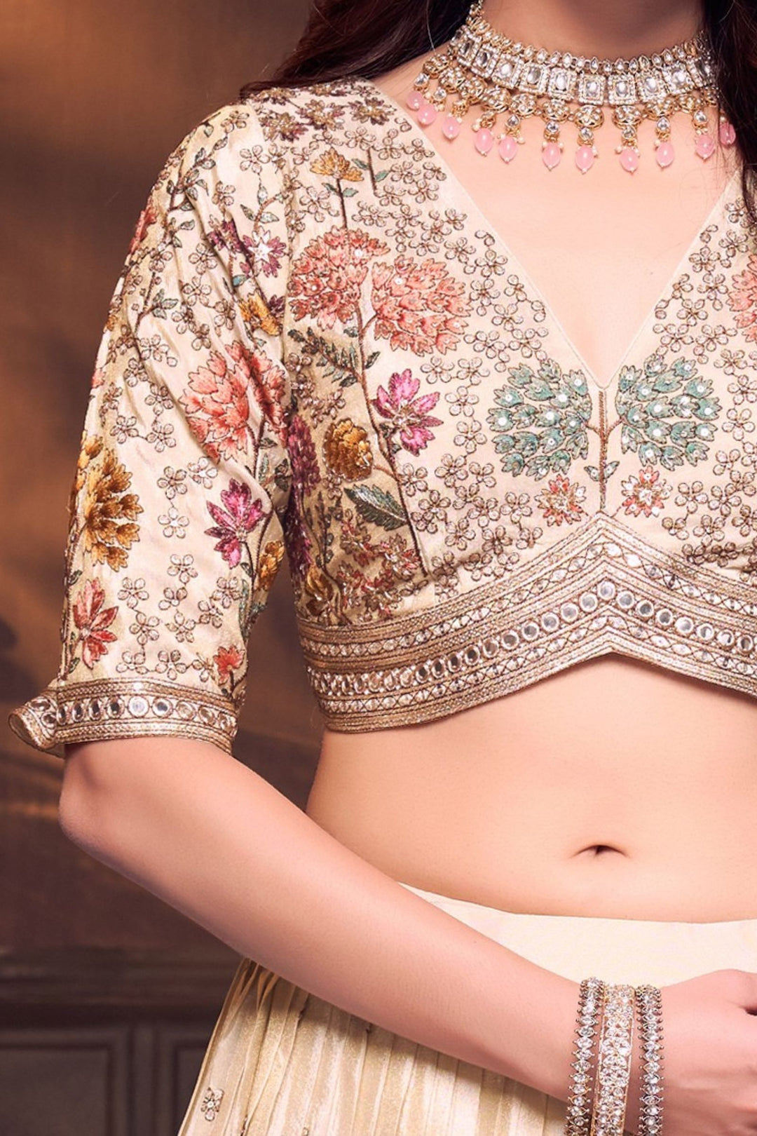 Cream Sequins, Beads, Zardozi and Multicolor Embroidery work Crop Top Lehenga