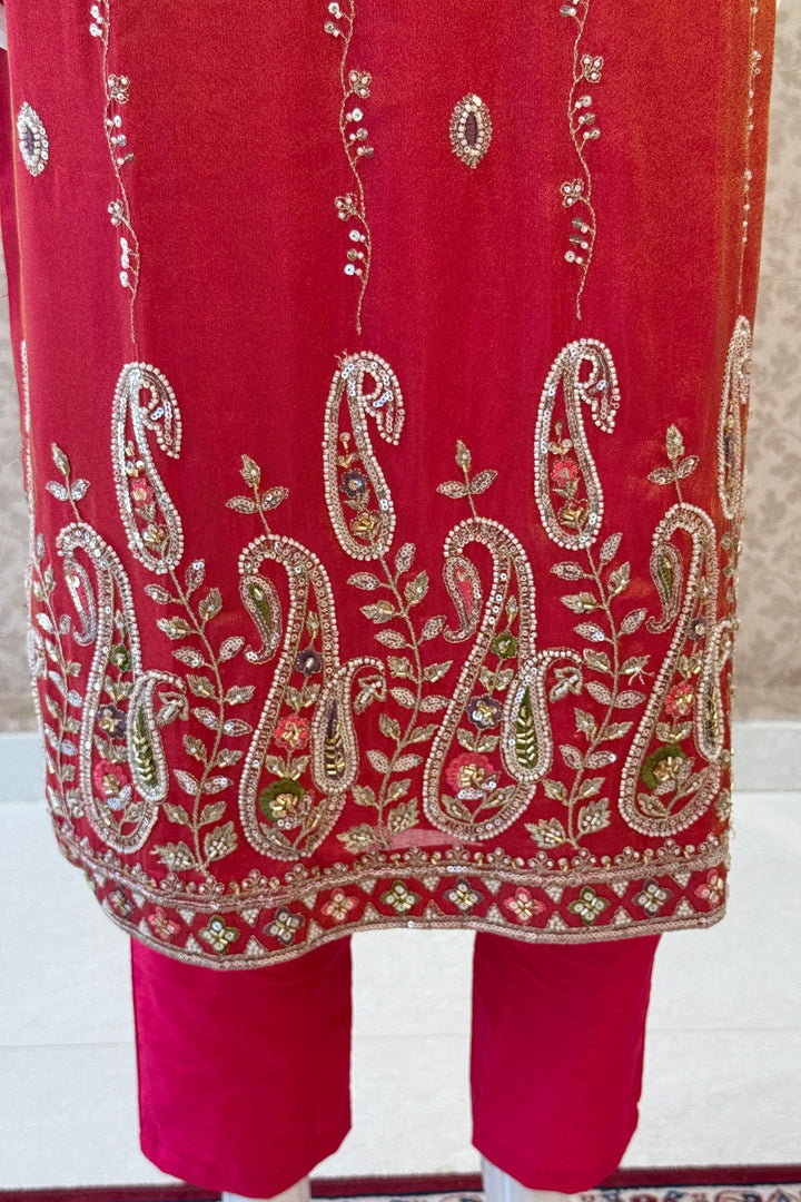 Rani Pink Zari, Stone, Sequins and Thread work Straight Cut Salwar Suit
