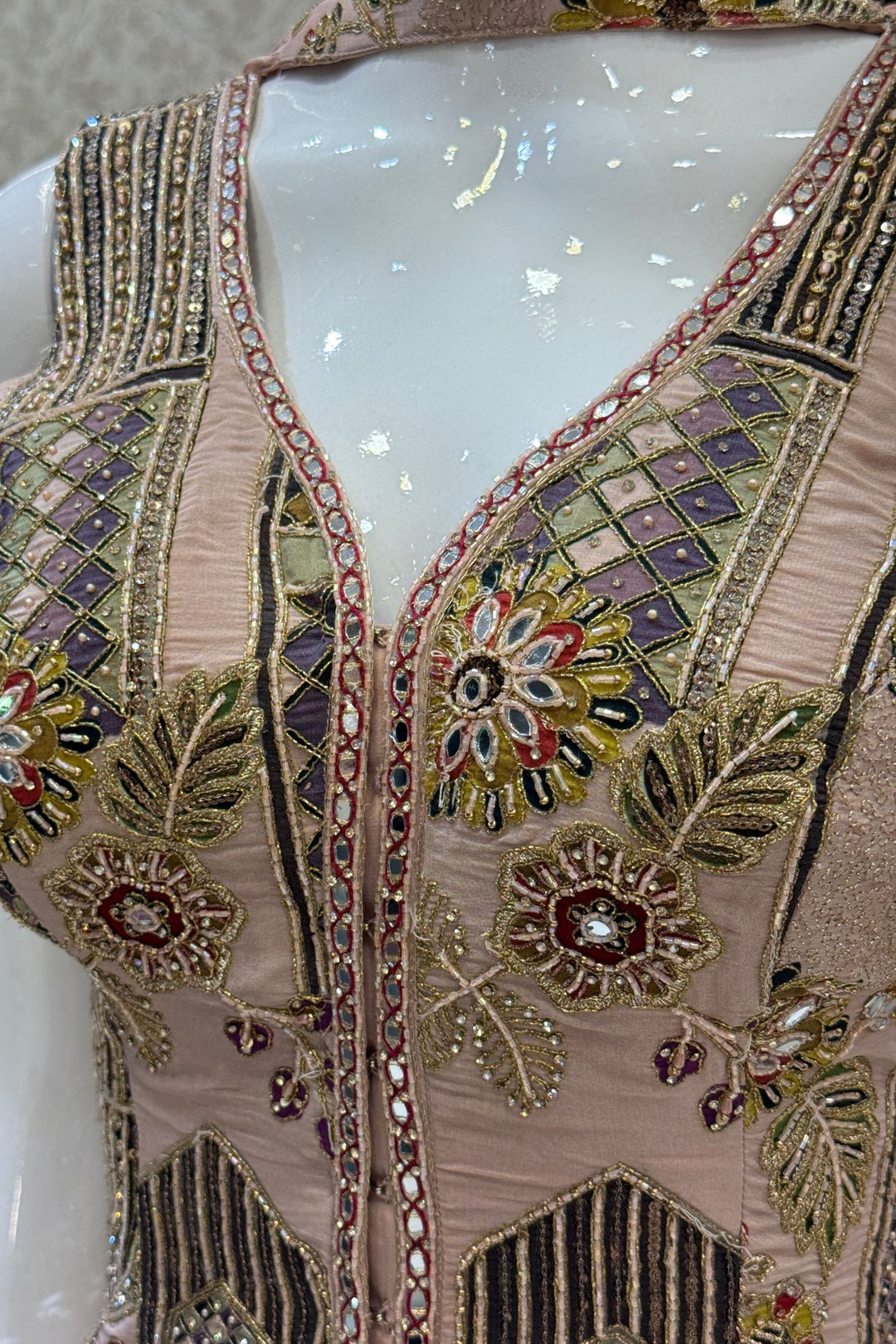 Peach Beads, Mirror, Zari and Thread work with Digital Print Palazzo Salwar Suit