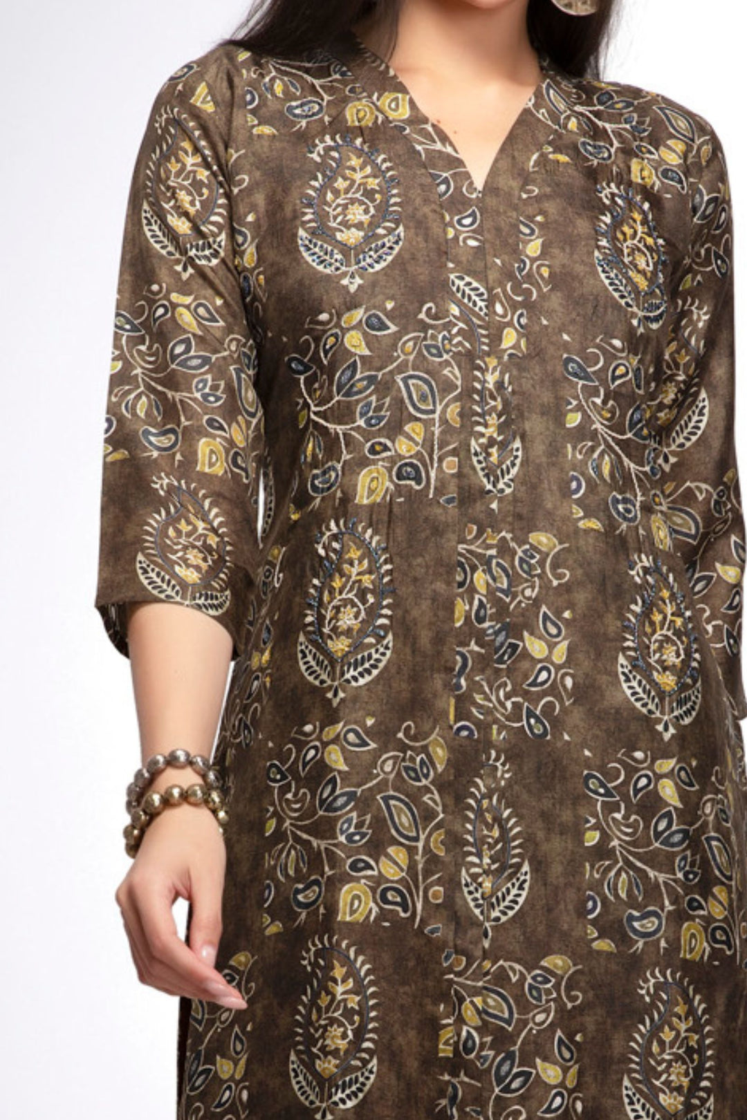 Brown Beads and Zari work with Digital Print Calf Length Kurti