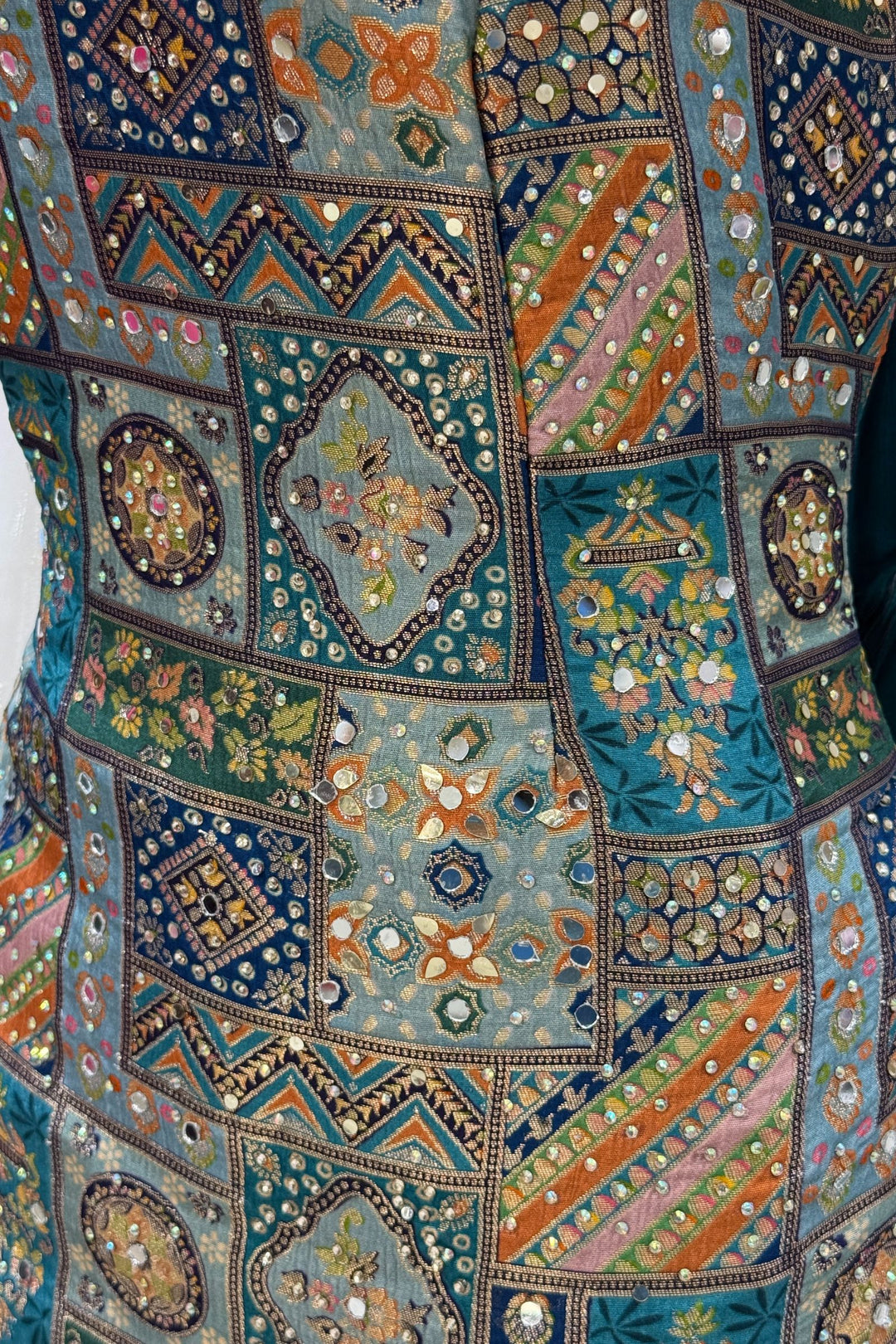 Rama Green Stone, Mirror and Banaras work with Digital Print Sharara Salwar Suit