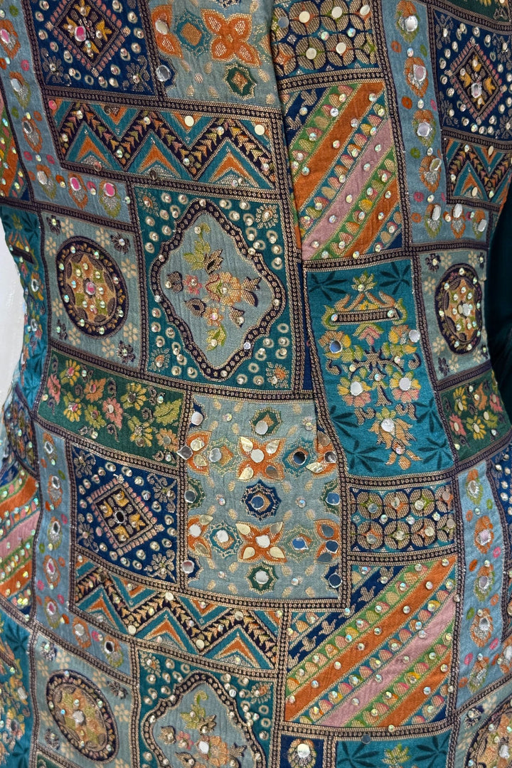 Rama Green Stone, Mirror and Banaras work with Digital Print Sharara Salwar Suit