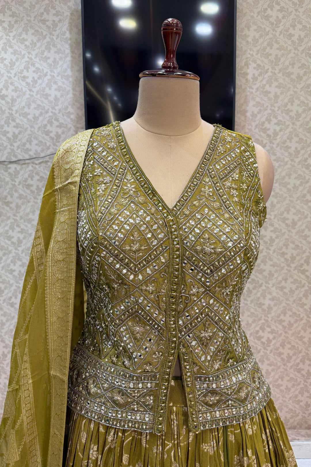 Mehendi Green Mirror, Beads, Sequins, Zardozi and Banaras work Peplum Style Lehenga
