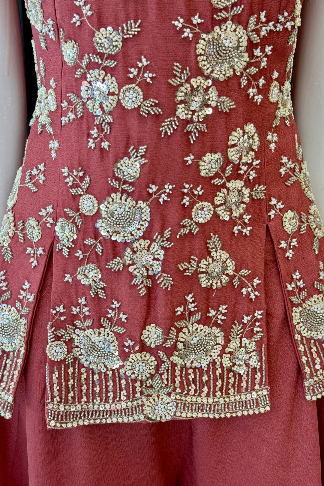 Rust Beads, Zari and Sequins work Palazzo Salwar Suit