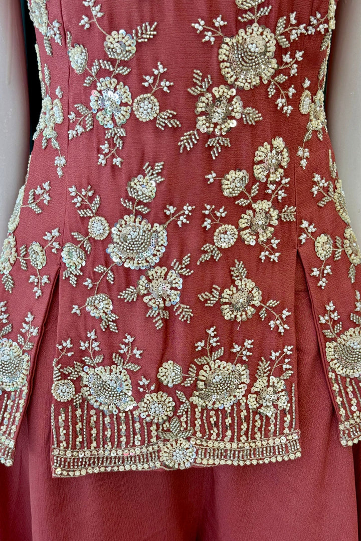 Rust Beads, Zari and Sequins work Palazzo Salwar Suit