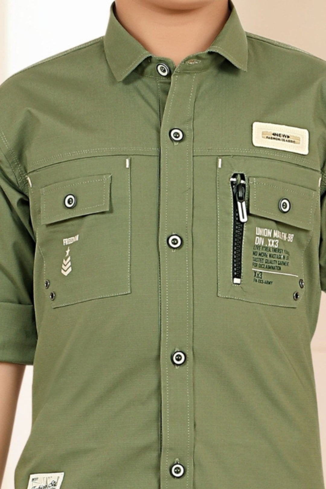 Pista Green Printed Shirt and Beige Pant Set for Boys