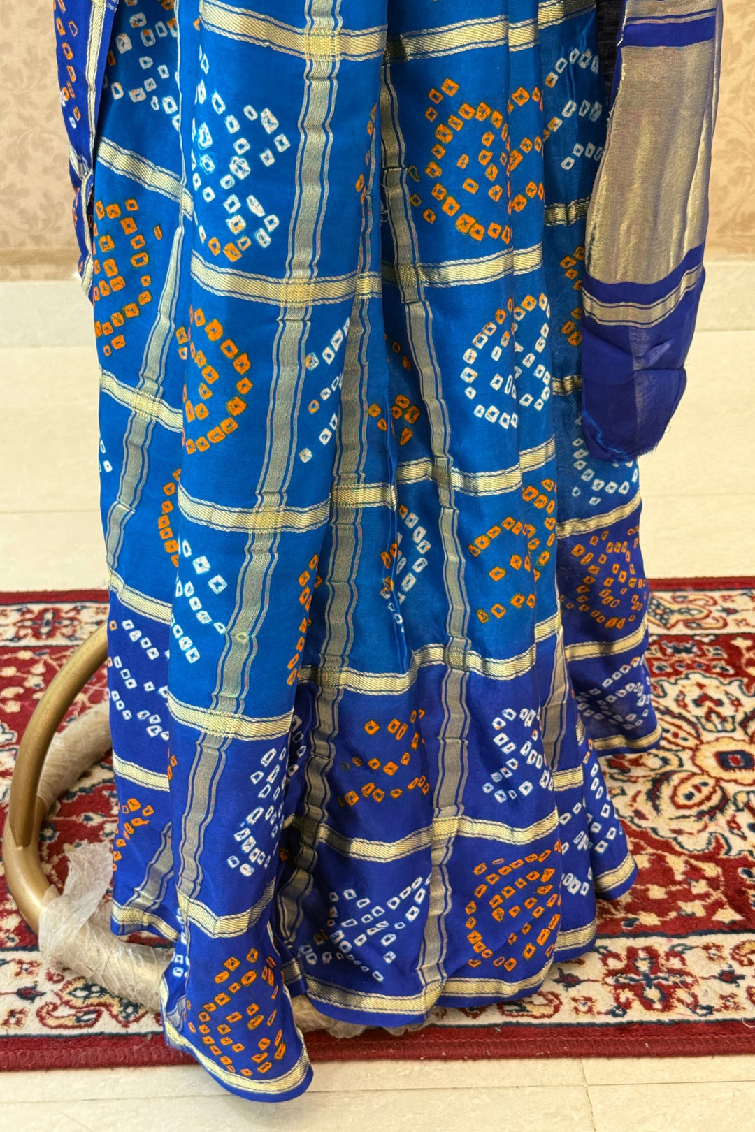 Royal Blue Traditional Bandhani Print Saree with Elegant Silver Zari Weaving