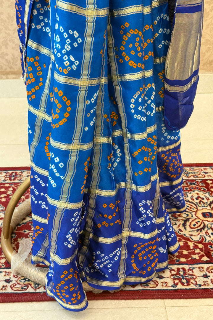 Royal Blue Traditional Bandhani Print Saree with Elegant Silver Zari Weaving