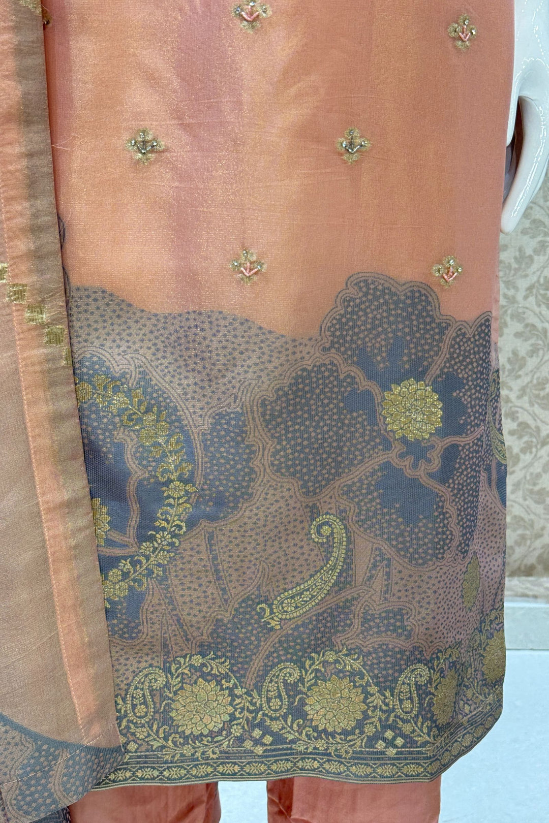Peach Beads, Mirror, Sequins, Jacquard and Stone work Straight Cut Salwar Suit