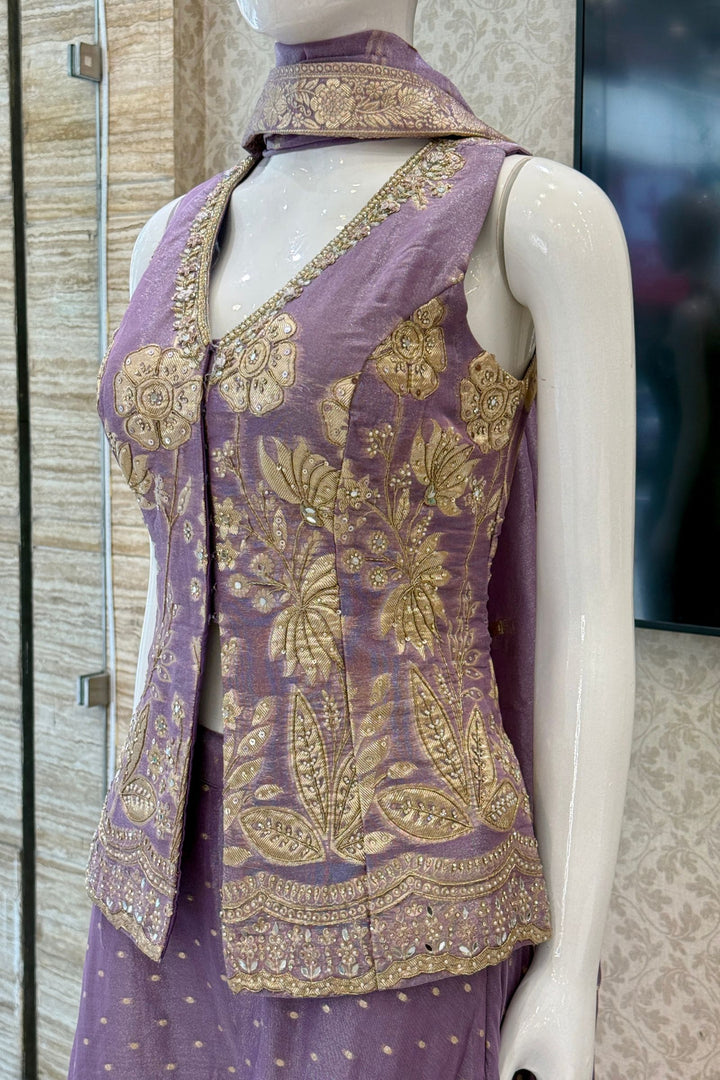 Lavender Palazzo Salwar Suit with Banaras, Mirror, Zari, Sequins and Stone Detailing