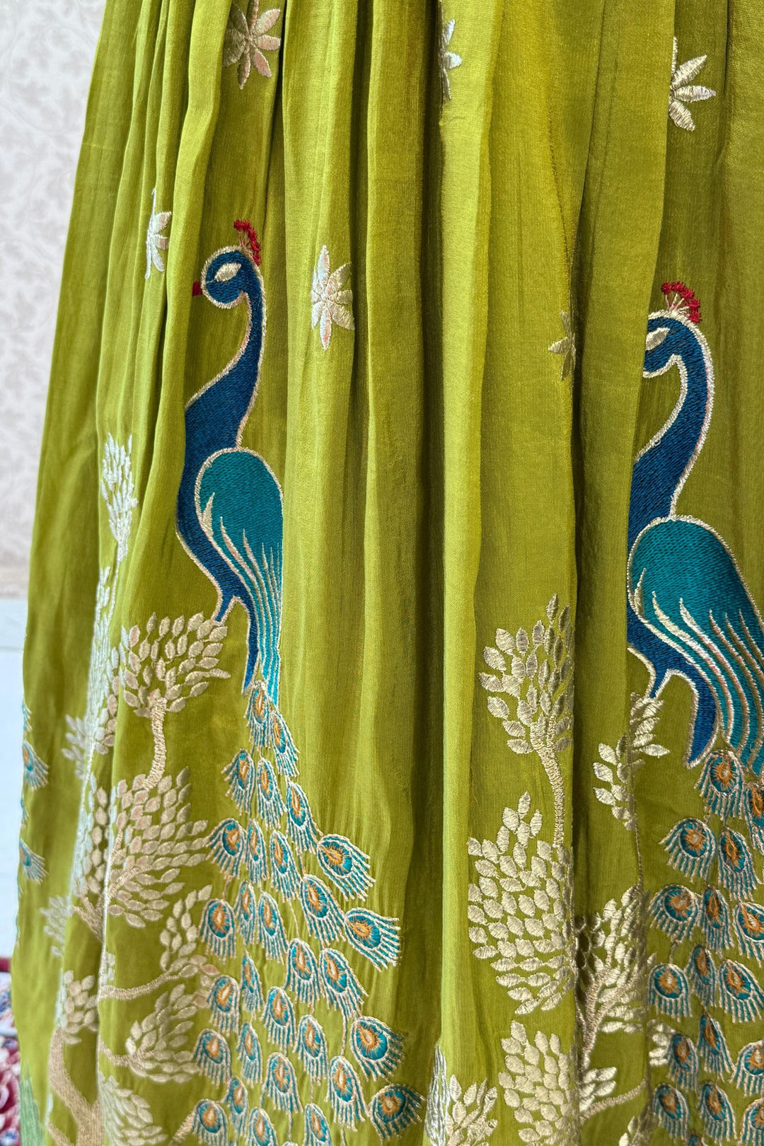 Mehendi Green Zari, Zardozi, Mirror, Stone and Multicolor Embroidery work Crop Top Lehenga