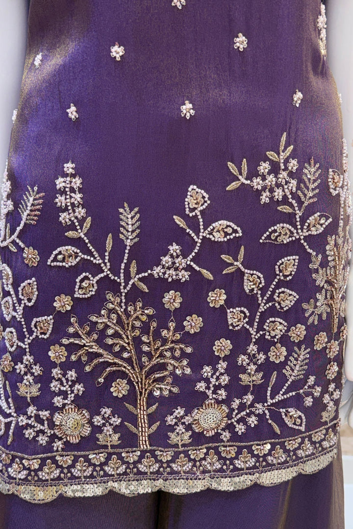 Purple Beads, Sequins, Zari and Mirror work Palazzo Salwar Suit