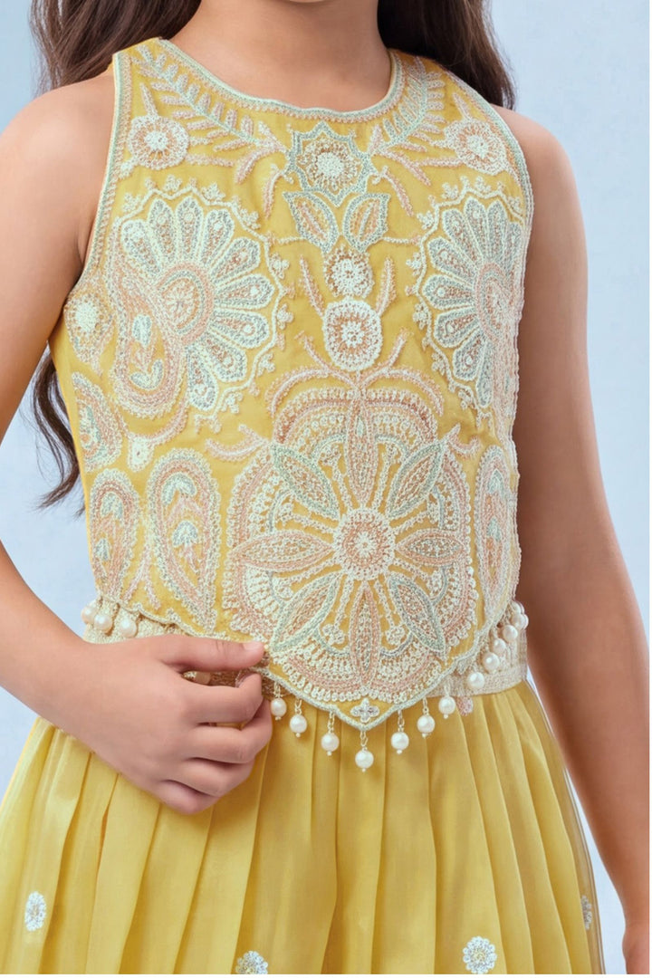 Yellow Beads and Sequins work Palazzo Suit Set for Girls