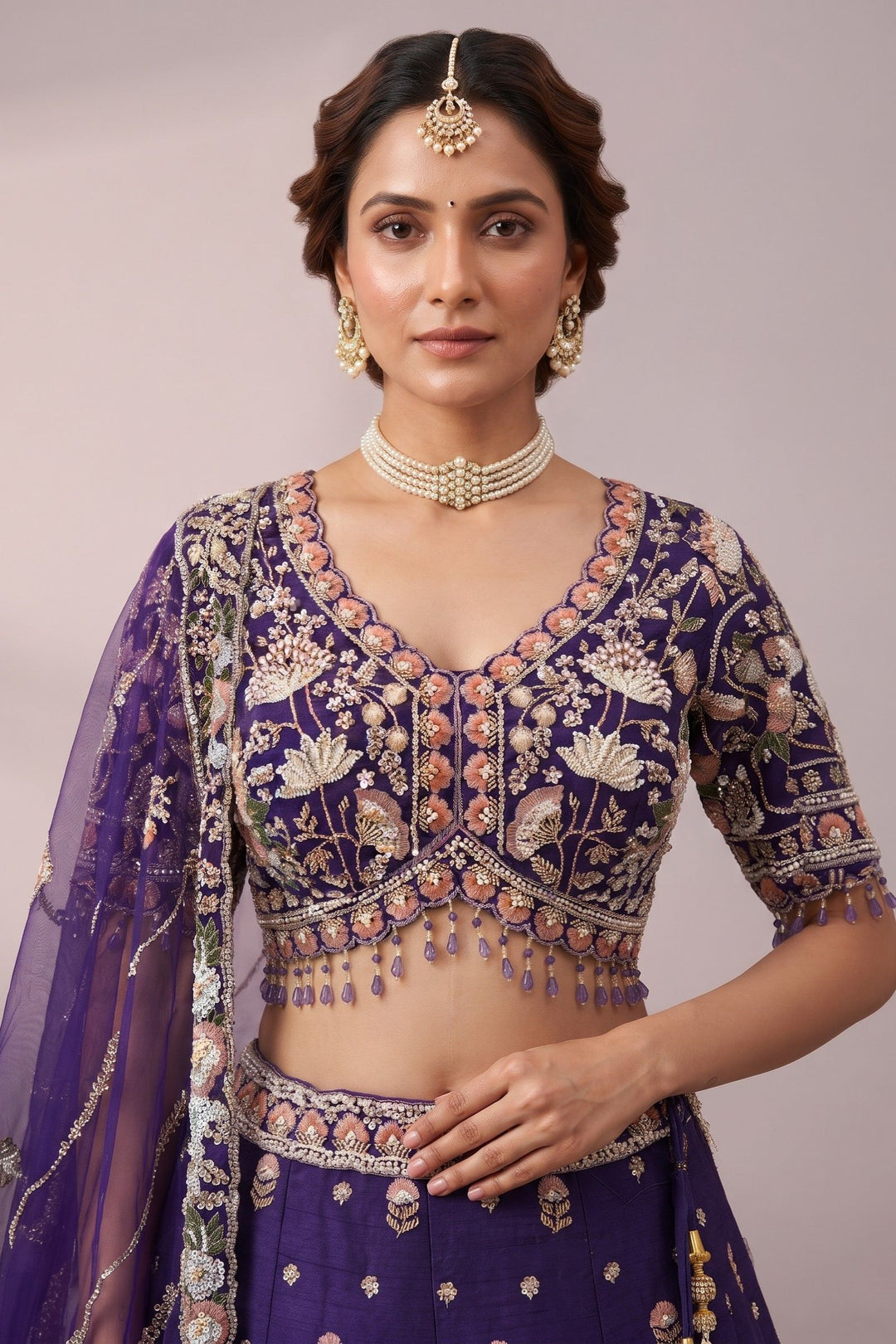 Purple Bridal Lehenga Set with Intricate Zari, Sequins, Beads and Floral Embroidery