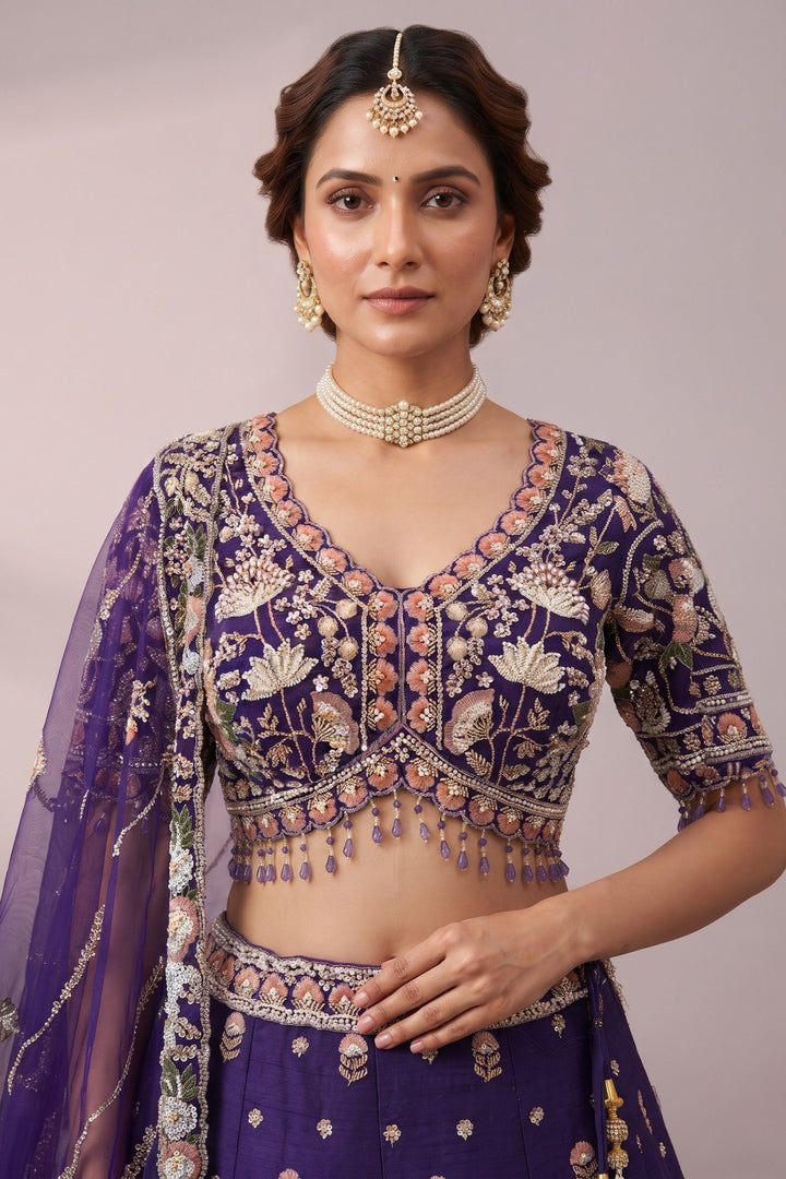 Purple Bridal Lehenga Set with Intricate Zari, Sequins, Beads and Floral Embroidery