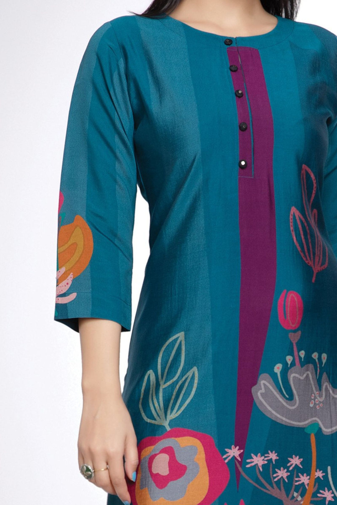 Peacock Blue Multicolor Digital Print Calf Length Kurti