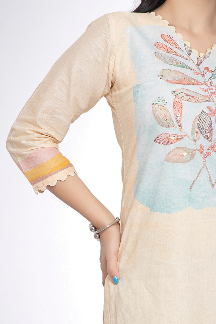 Light Yellow Thread work with Printed Calf Length Kurti