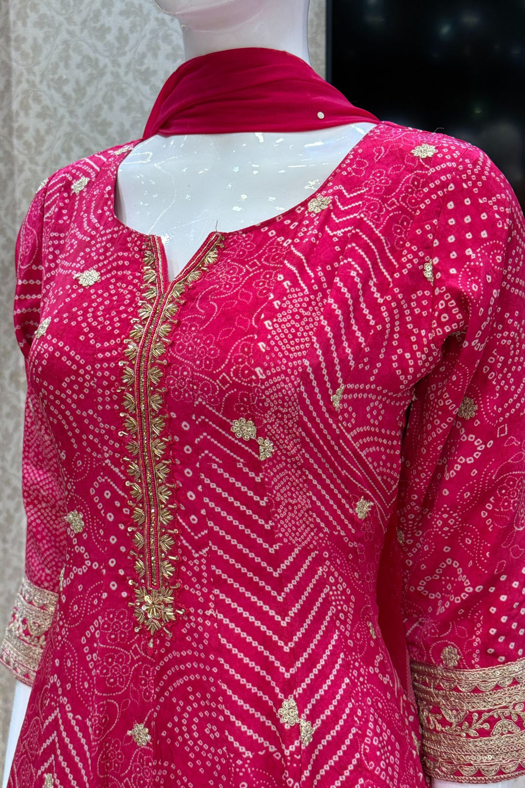 Rani Pink Zardozi, Stone, Sequins and Zari work with Bandini Print Anarkali Style Salwar