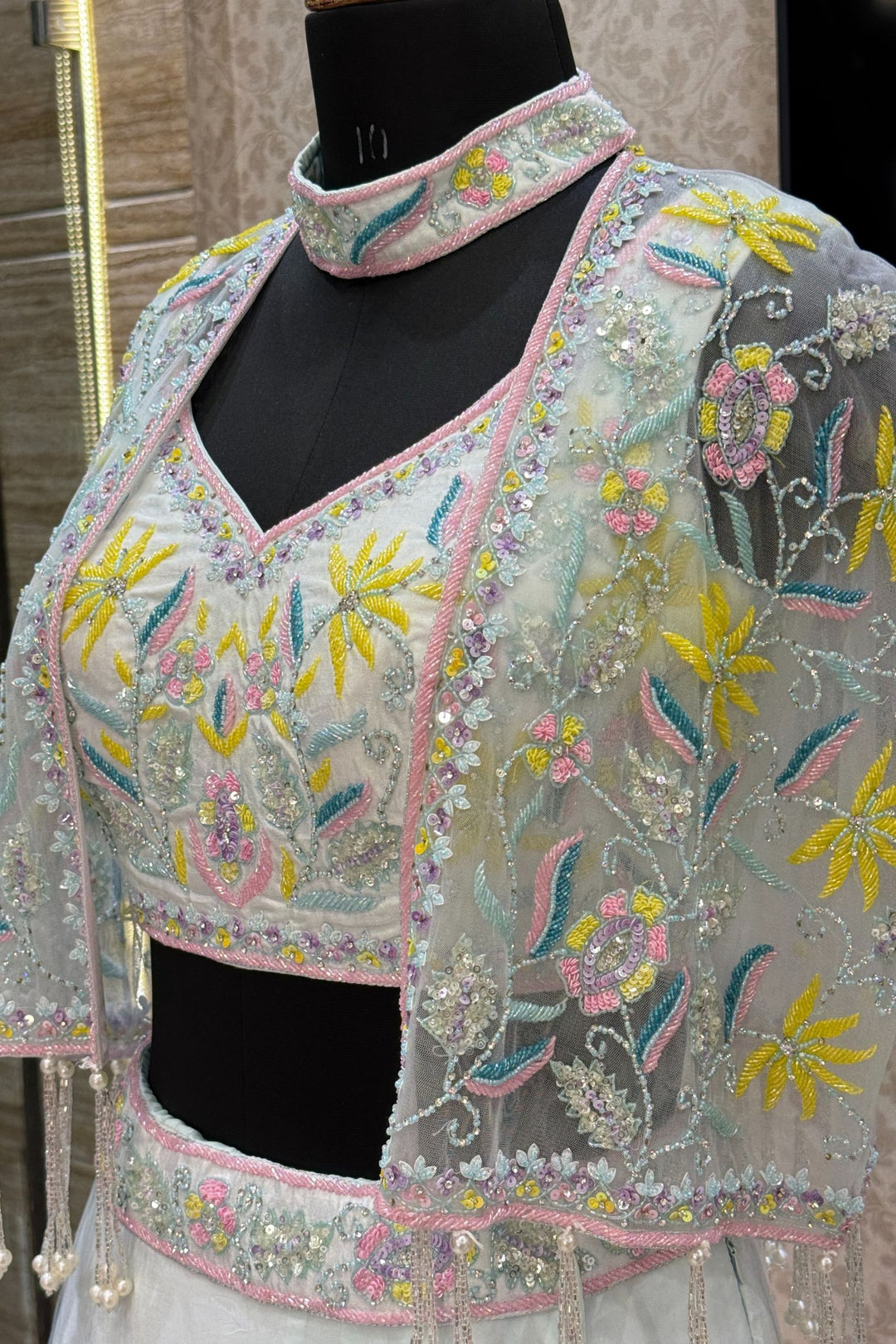 Sea Blue Beads, Sequins and Stone work with Poncho Crop Top Lehenga