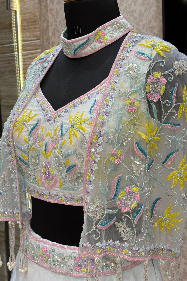 Sea Blue Beads, Sequins and Stone work with Poncho Crop Top Lehenga