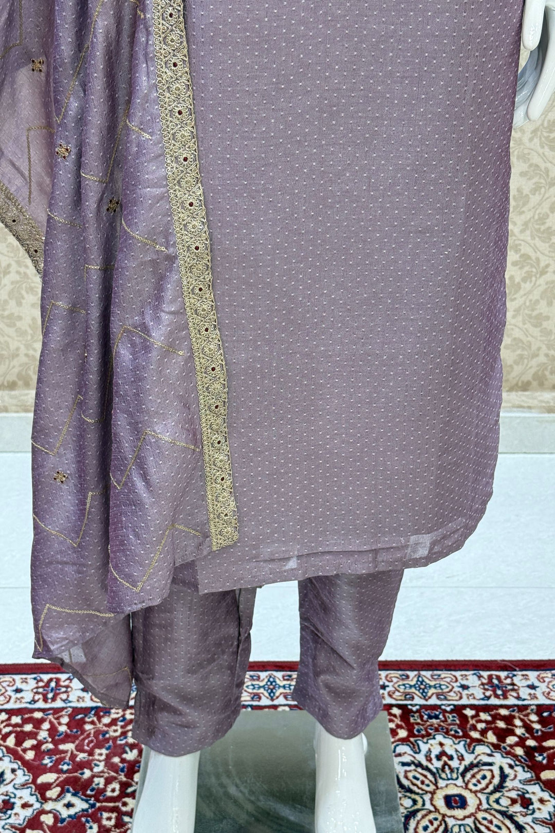 Lilac Mirror, Sequins, Zardozi and Beads work Straight Cut Salwar Suit