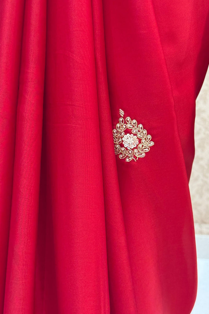 Red Satin Saree Featuring Exquisite Bead, Zardozi and Sequins