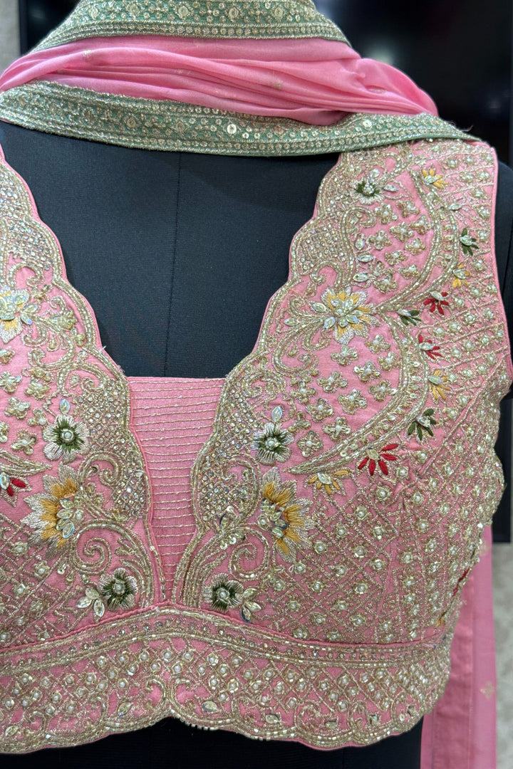 Pink with Light Green Floral Print, Beads, Zari and Sequins work Crop Top Lehenga