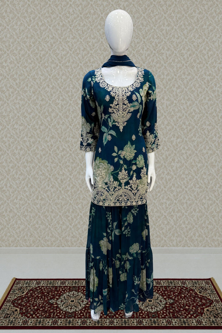 Peacock Blue Sequins and Zari work with Floral Print Sharara Salwar Suit